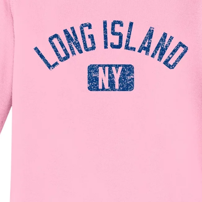 Long Island Ny Arched Text Distressed Dark Baby Long Sleeve Bodysuit