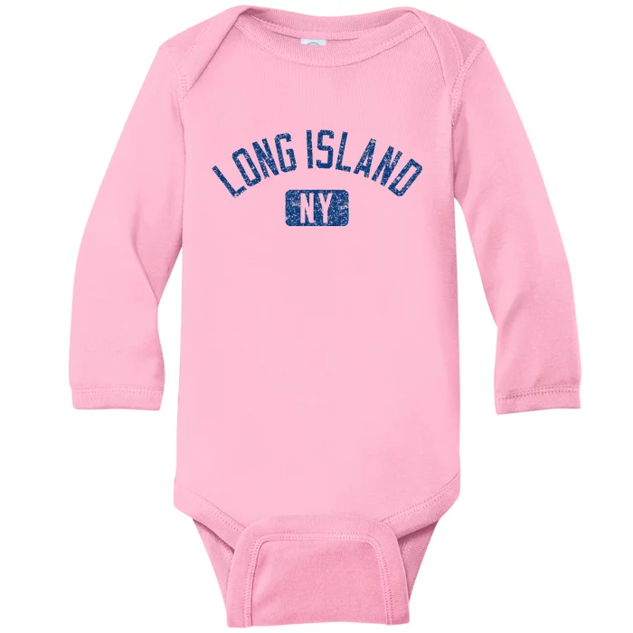 Long Island Ny Arched Text Distressed Dark Baby Long Sleeve Bodysuit