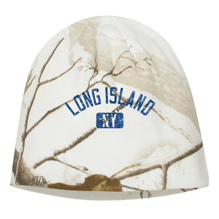 Long Island Ny Arched Text Distressed Dark Kati - Camo Knit Beanie