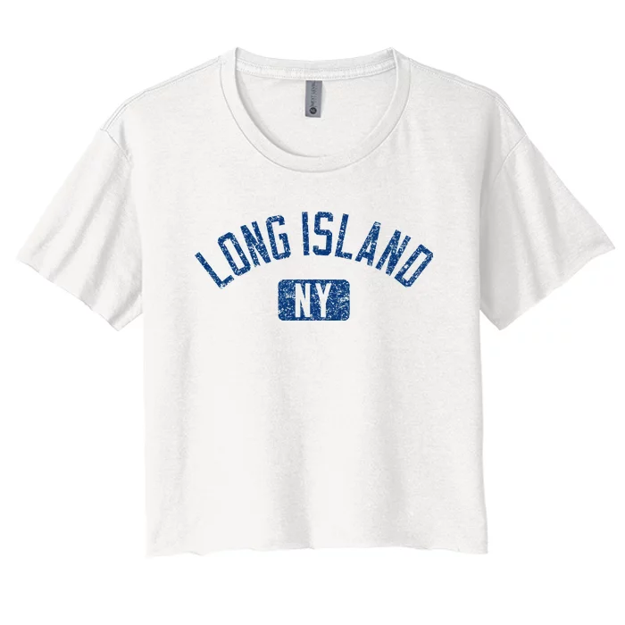 Long Island Ny Arched Text Distressed Dark Women's Crop Top Tee