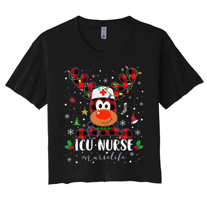 Love Icu Nurse Life Reindeer Nurse Christmas Pajama Xmas Women's Crop Top Tee