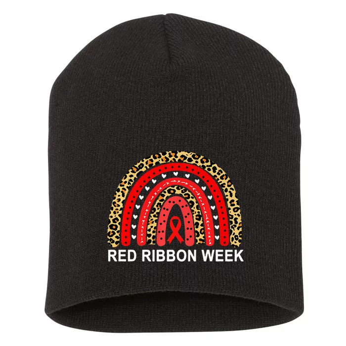 Leopard In October We Wear Red Ribbon Week Rainbow Drug Free Short Acrylic Beanie