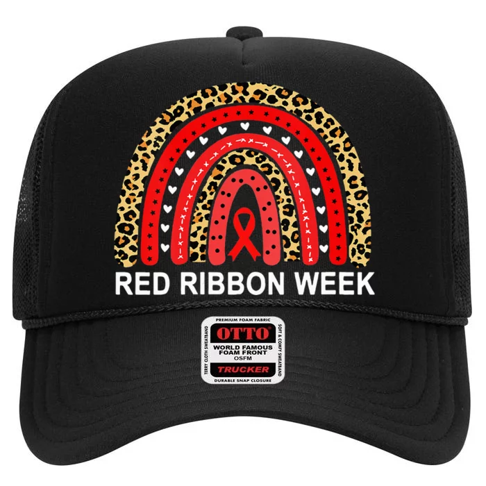 Leopard In October We Wear Red Ribbon Week Rainbow Drug Free High Crown Mesh Trucker Hat