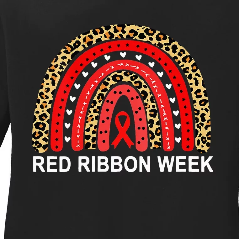 Leopard In October We Wear Red Ribbon Week Rainbow Drug Free Ladies Long Sleeve Shirt