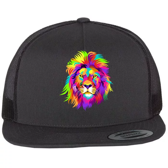 Lion Abstract Portrait Colorful Head Flat Bill Trucker Hat