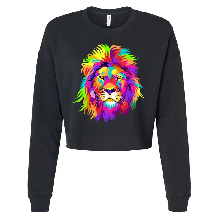 Lion Abstract Portrait Colorful Head Cropped Pullover Crew