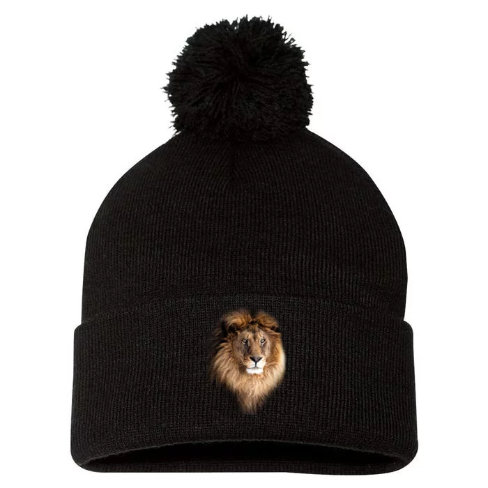 Lion Head Graphic Pom Pom 12in Knit Beanie