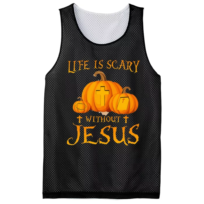 Life Is Scary Without Jesus Halloween Pumpkin Christian Mesh Reversible Basketball Jersey Tank