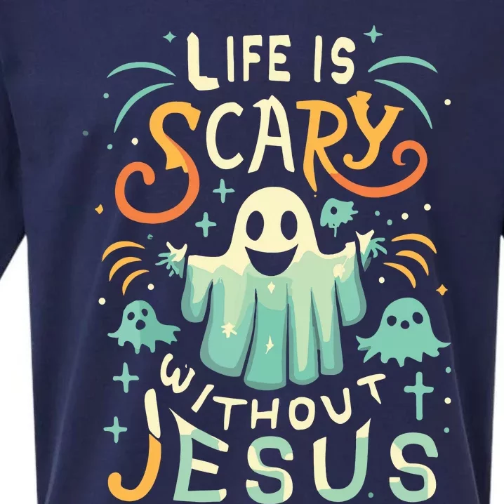 Life Is Scary Without Jesus Christian Halloween Funny Sueded Cloud Jersey T-Shirt