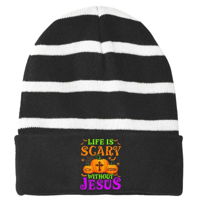 Life Is Scary Without Jesus Christian Halloween Striped Beanie with Solid Band