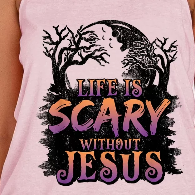 Life Is Scary Without Jesus Funny Halloween Christian Women's Knotted Racerback Tank