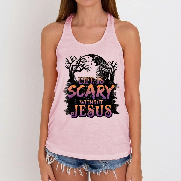 Life Is Scary Without Jesus Funny Halloween Christian Women's Knotted Racerback Tank