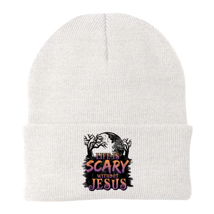 Life Is Scary Without Jesus Funny Halloween Christian Knit Cap Winter Beanie