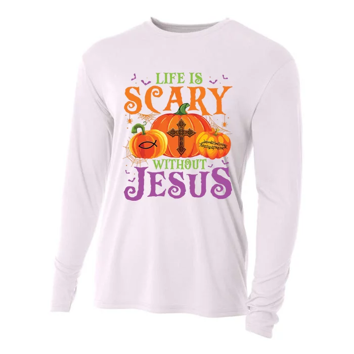 Life Is Scary Without Jesus Fall Halloween Christian Lover Cooling Performance Long Sleeve Crew