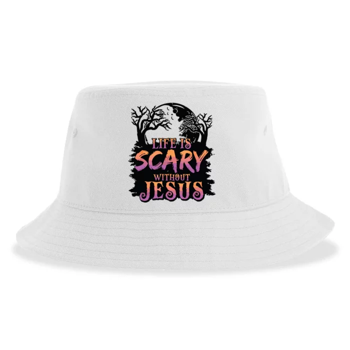 Life Is Scary Without Jesus Funny Halloween Christian Sustainable Bucket Hat