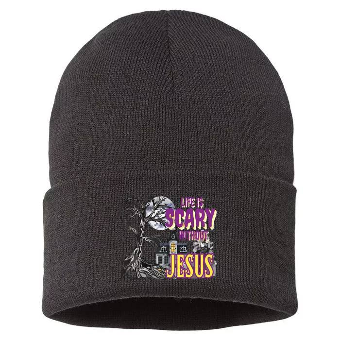 Life Is Scary Without Jesus Halloween Costume Sustainable Knit Beanie