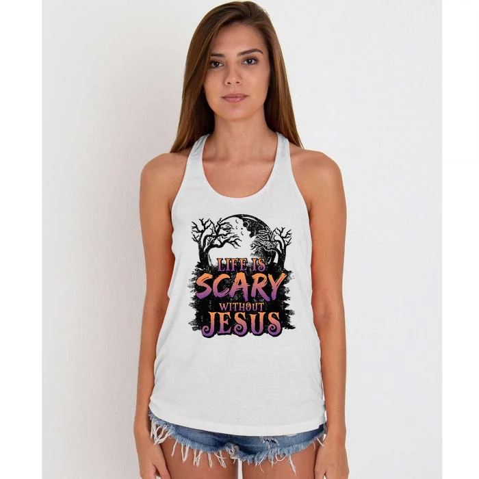 Life Is Scary Without Jesus Funny Halloween Christian Women's Knotted Racerback Tank