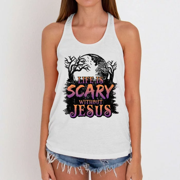 Life Is Scary Without Jesus Funny Halloween Christian Women's Knotted Racerback Tank