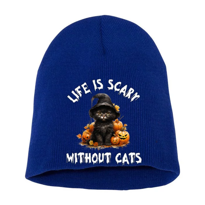 Life Is Scary Without Cats Halloween Black Cat Short Acrylic Beanie