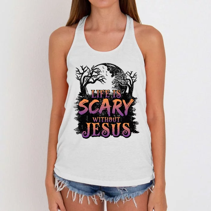 Life Is Scary Without Jesus Funny Halloween Christian Women's Knotted Racerback Tank