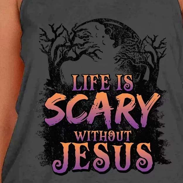 Life Is Scary Without Jesus Funny Halloween Christian Women's Knotted Racerback Tank