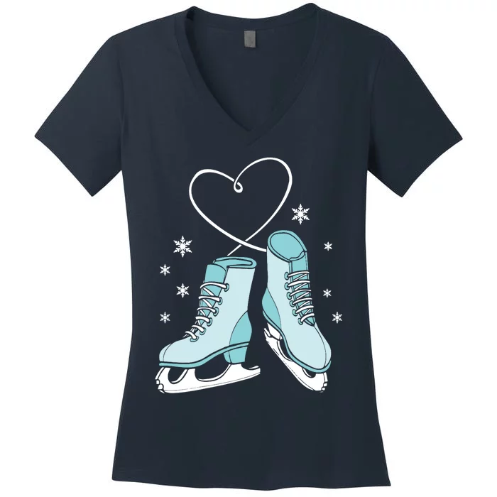 Love Ice Skating Sport Skater Girl Turquoise Skates Women's V-Neck T-Shirt