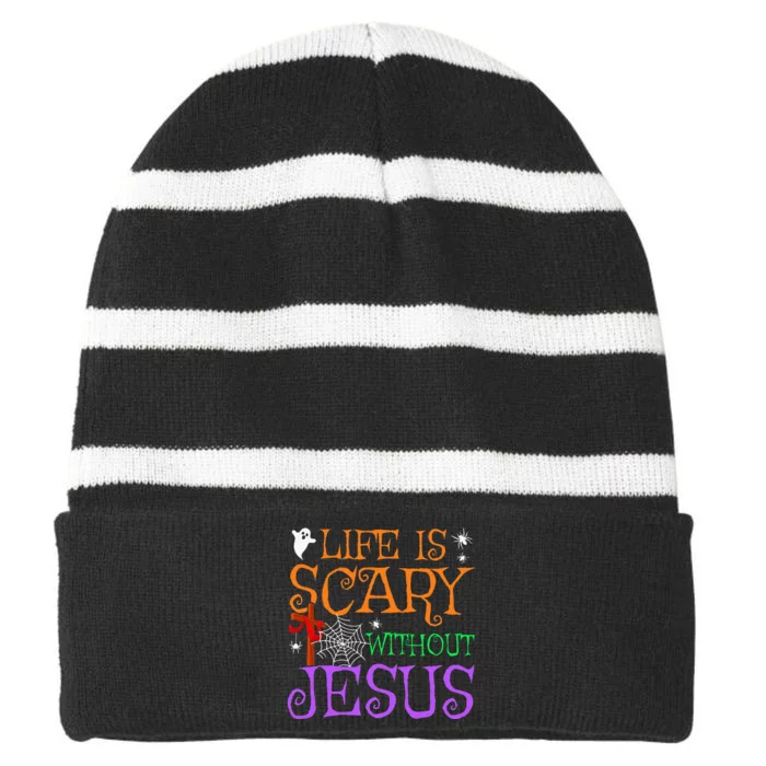 Life Is Scary Without Jesus Striped Beanie with Solid Band