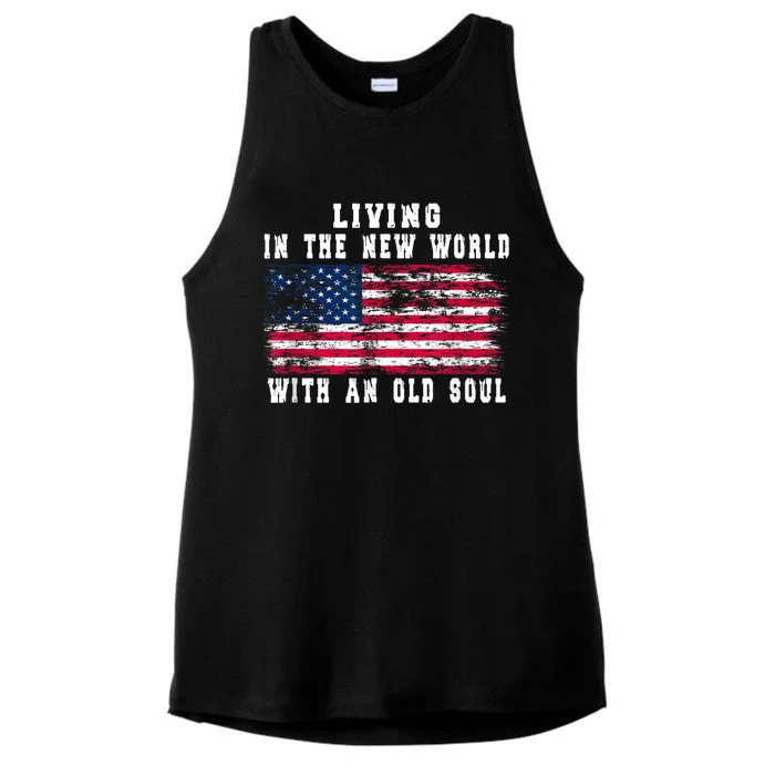 Living In The New World With An Old Soul America Flag Ladies Tri-Blend Wicking Tank