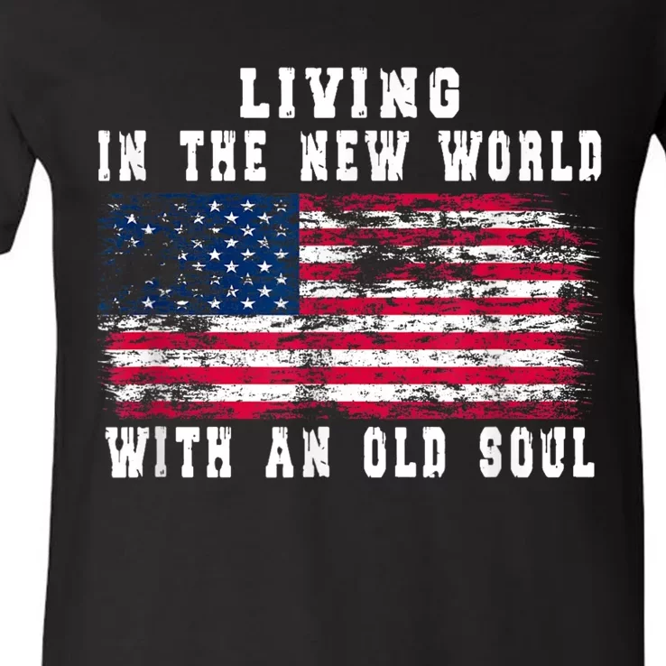 Living In The New World With An Old Soul America Flag V-Neck T-Shirt