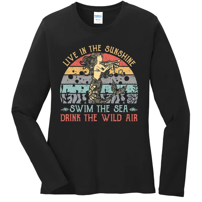 Live In The Sunshine Swim The Sea Drink The Wild Air Vintage Ladies Long Sleeve Shirt