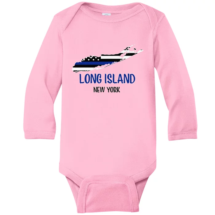 Long Island Thin Blue Line Flag Police Officers Baby Long Sleeve Bodysuit