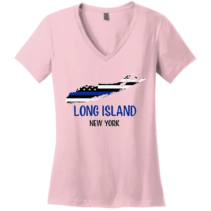 Long Island Thin Blue Line Flag Police Officers Women's V-Neck T-Shirt