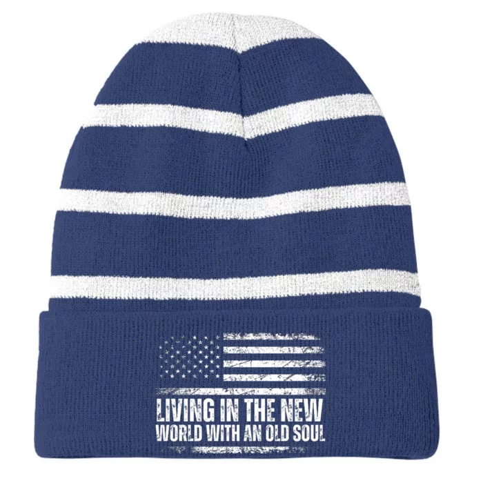 Living In The New World With An Old Soul America Flag Striped Beanie with Solid Band