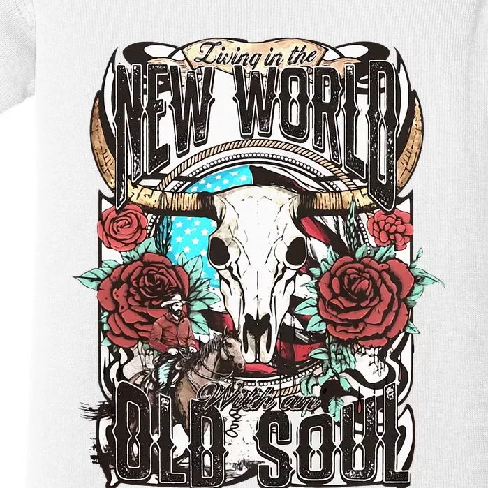 Living In The New World With An Old Soul Cow Skull Western Baby Bodysuit