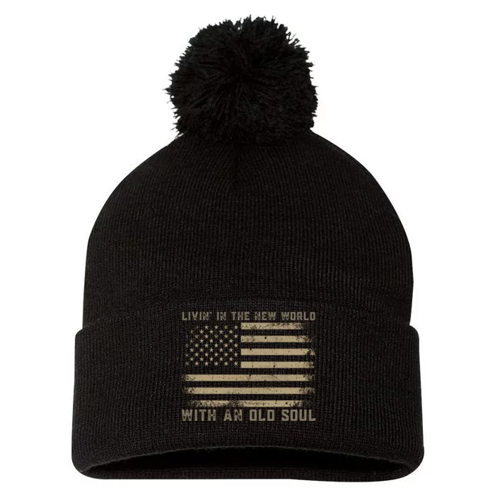 Living In The New World With An Old Soul America Flag Pom Pom 12in Knit Beanie