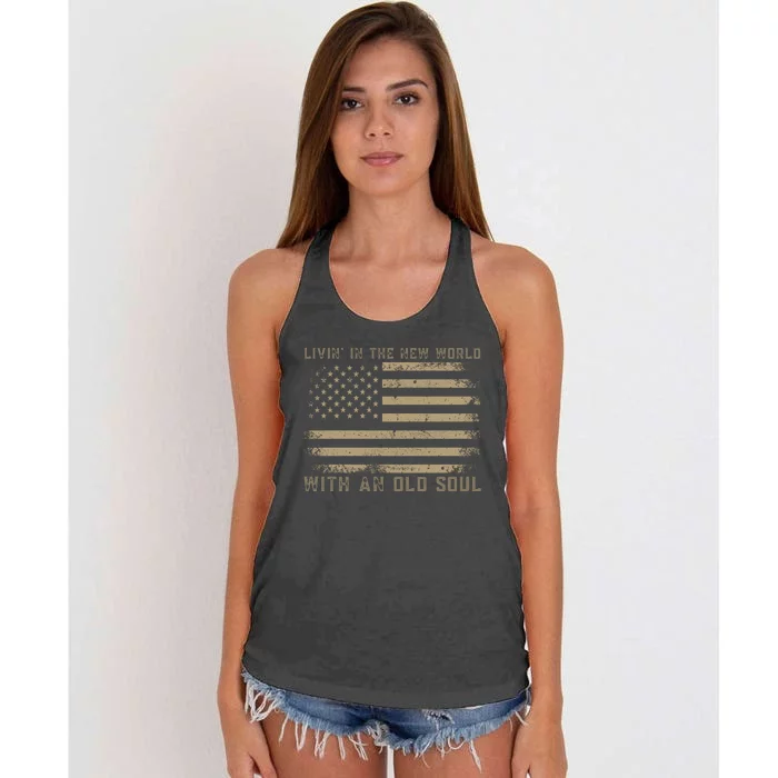 Living In The New World With An Old Soul America Flag Women's Knotted Racerback Tank