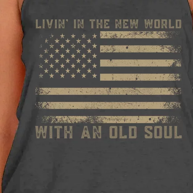 Living In The New World With An Old Soul America Flag Women's Knotted Racerback Tank