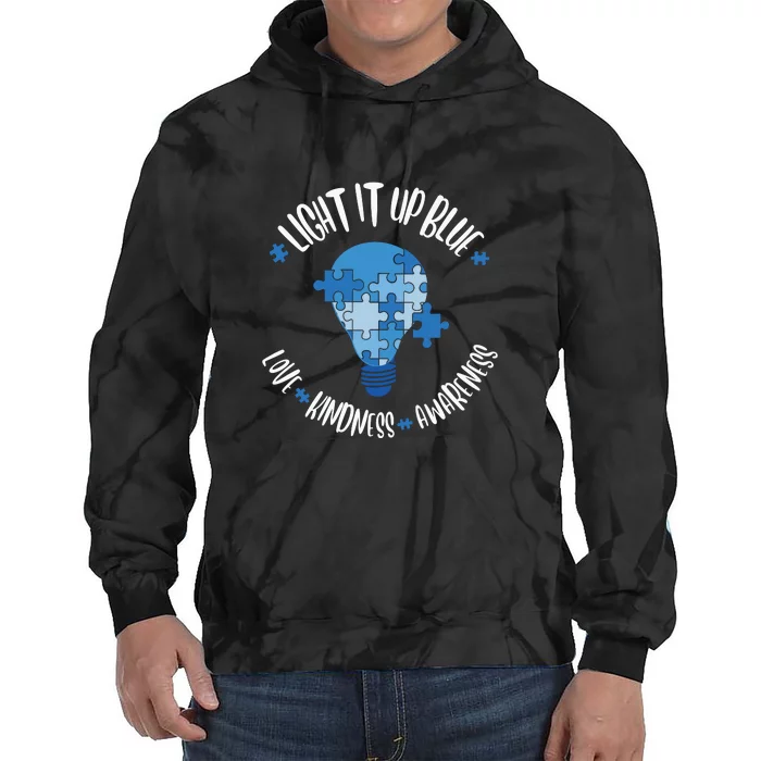 Light It Up Blue Love Kindness Awareness Puzzle Autism Awareness Month Tie Dye Hoodie