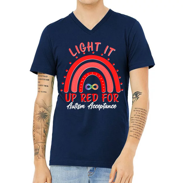 Light It Up Red For Autism Acceptance Red Rainbow V-Neck T-Shirt