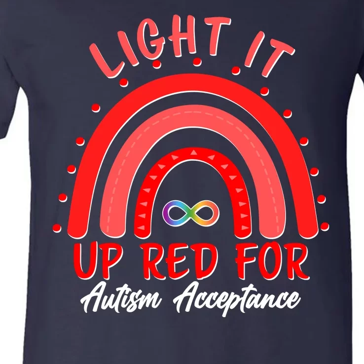 Light It Up Red For Autism Acceptance Red Rainbow V-Neck T-Shirt