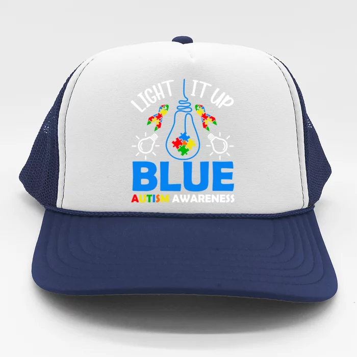 Light It Up Blue Autism Awareness Autistic Puzzle Piece Gift Trucker Hat