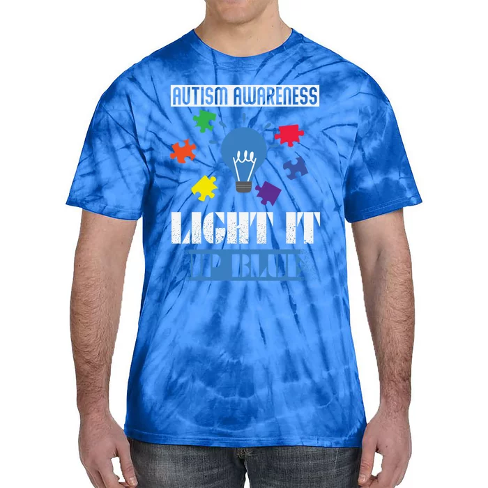 Light It Up Blue Autism Awareness Ribbon Puzzle Pieces Gift Tie-Dye T-Shirt