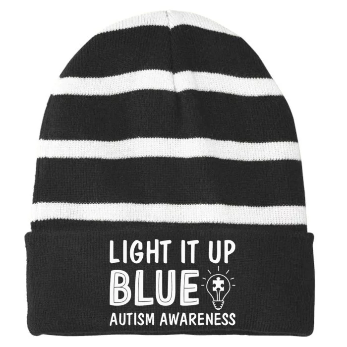 Light It Up Blue Autism I Wear Blue Striped Beanie with Solid Band