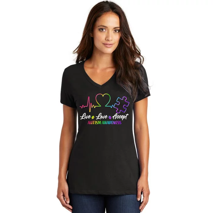 Live Love Accept Autism Awareness Rainbow Women's V-Neck T-Shirt