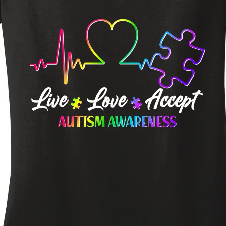 Live Love Accept Autism Awareness Rainbow Women's V-Neck T-Shirt