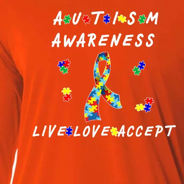 Live Love Accept Autism Puzzle Piece Ribbon Cooling Performance Long Sleeve Crew