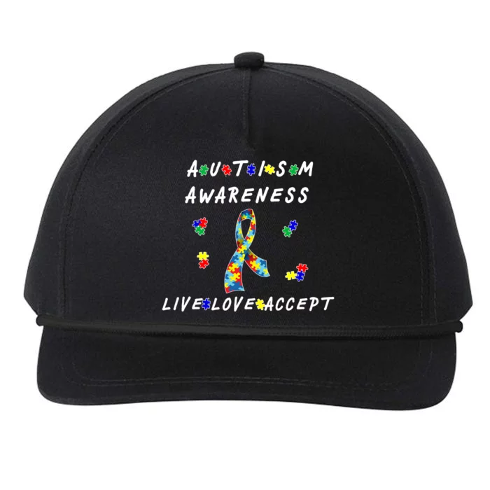 Live Love Accept Autism Puzzle Piece Ribbon Snapback Five-Panel Rope Hat