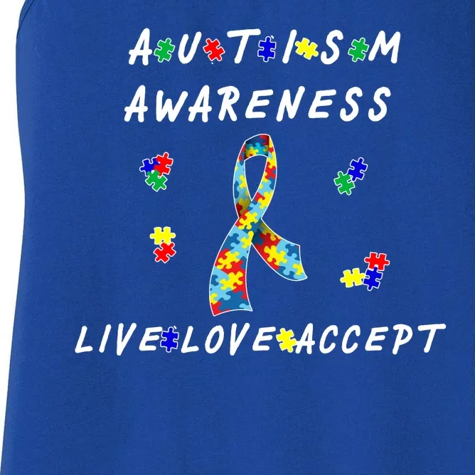 Live Love Accept Autism Puzzle Piece Ribbon Women's Racerback Tank