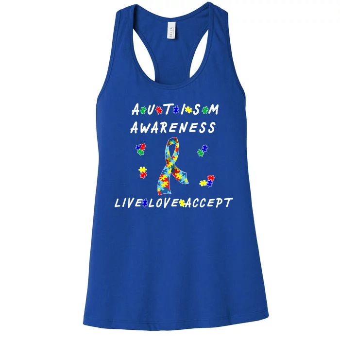 Live Love Accept Autism Puzzle Piece Ribbon Women's Racerback Tank