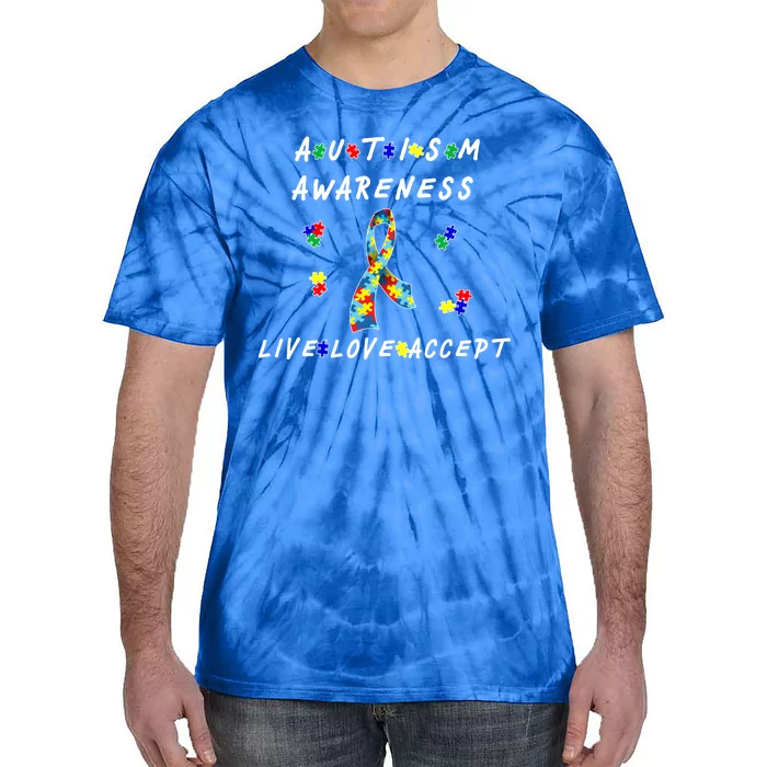 Live Love Accept Autism Puzzle Piece Ribbon Tie-Dye T-Shirt